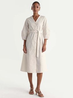 RAREISM - Women's Rumang Off White Cotton A-Line Dress with Belt