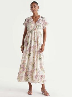 RAREISM - Women's Runim Light Beige Polyester Fabric V-Neck Floral Print Dress