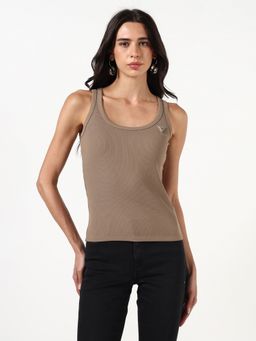 Guess - Women Ribbed Scoop Neck Sleeveless Tank Top - Brown