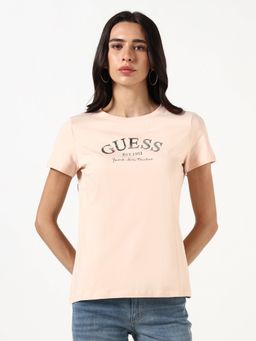 Guess - Women Typography Printed Round Neck Short Sleeves T-Shirt - Peach