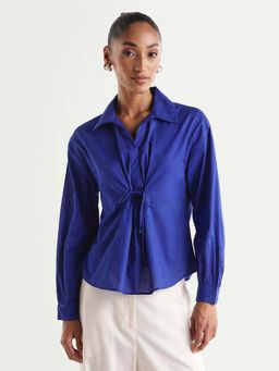 RAREISM - Women's Vimon Dark Blue Cotton Johnny Collar Relaxed Plain Top