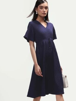 RAREISM - TEXTURED Knee Length FLARED DRESS - Navy Blue