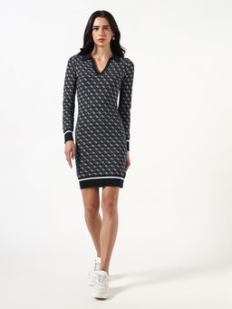 Guess - Women Printed Johnny Collar Long Sleeves Bodycon Dress - Navy Blue