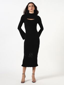 Guess - Women Ribbed Mock Neck Long Sleeves Bodycon Dress - Black