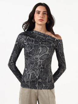 Guess - Women Snake Print One-Shoulder Long Sleeves Top - Grey