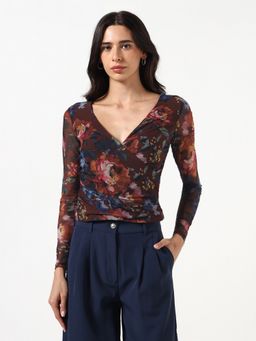 Guess - Women Floral Printed V-Neck Long Sleeves Top - Multi-Color