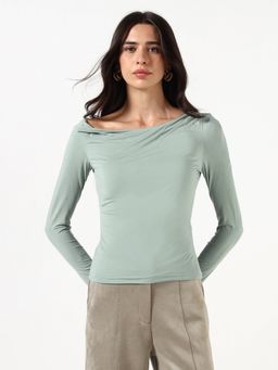 Guess - Women Solid Asymmetric Neck Long Sleeves Top - Green