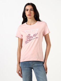 Guess - Women Embellished Logo Round Neck Short Sleeves T-Shirt - Pink