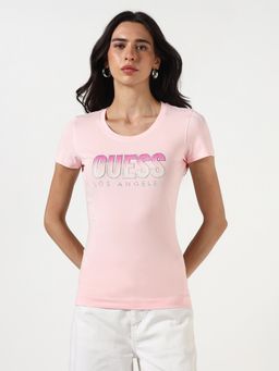 Guess - Women Typography Round Neck Short Sleeves T-Shirt - Pink