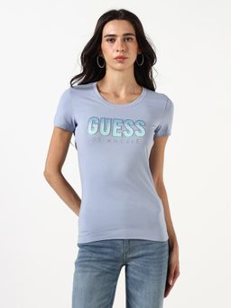 Guess - Women Typography Round Neck Short Sleeves T-Shirt - Blue