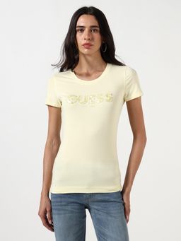 Guess - Women Embellished Logo Round Neck Short Sleeves T-Shirt - Yellow