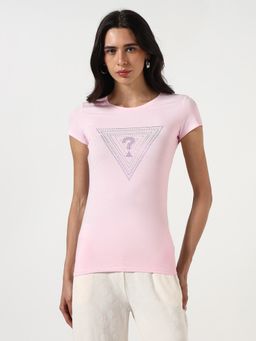 Guess - Women Embellished Logo Round Neck Short Sleeves T-Shirt - Pink