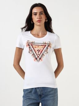 Guess - Women Printed Round Neck Short Sleeves T-Shirt - White