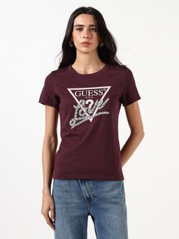 Guess - Women Embellished Logo Round Neck Short Sleeves T-Shirt - Burgundy
