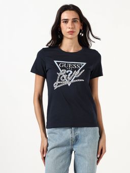 Guess - Women Embellished Logo Round Neck Short Sleeves T-Shirt - Navy Blue