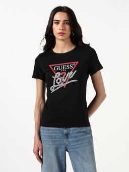 Guess - Women Embellished Logo Round Neck Short Sleeves T-Shirt - Black