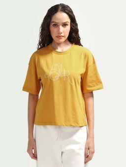 RAREISM - Women's Zamor Mustard Cotton Crew Neck Pull-On Boxy Typography T-Shirt
