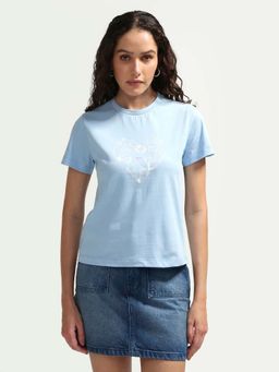 RAREISM - Women's Zelly Light Blue Cotton Crew Neck Pull-On Regular Object Print T-Shirt