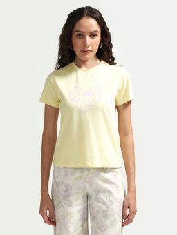 RAREISM - Women's Zelly Light Yellow Cotton Crew Neck Pull-On Regular Object Print T-Shirt