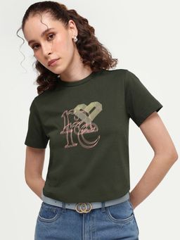 RAREISM - Women's Zera Olive Cotton Crew Neck Pull-On Regular T-Shirt