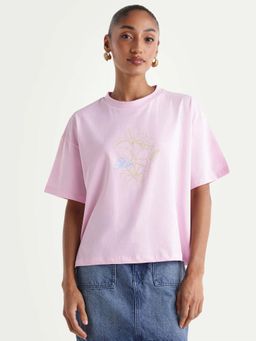 RAREISM - Women's Zew Light Pink Cotton Crew Neck Pull-On Boxy T-Shirt