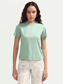 RAREISM - Women's Zexer Light Green Cotton Crew Neck Pull-On Regular Floral T-Shirt