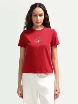 RAREISM - Women's Zexer Red Cotton Crew Neck Pull-On Regular Floral T-Shirt