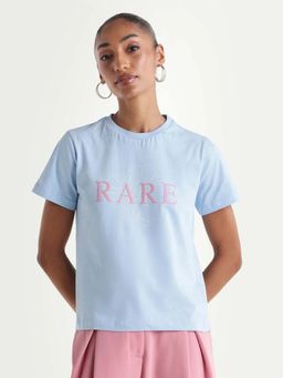 RAREISM - Women's Zhane Light Blue Cotton Crew Neck Pull-On Regular Typography T-Shirt
