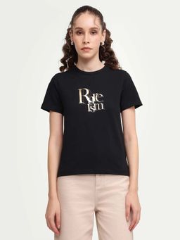 RAREISM - Women's Zism Black Cotton Blend Crew Neck Pull-On Regular T-Shirt