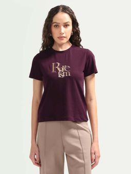 RAREISM - Women's Zism Dark Maroon Cotton Blend Crew Neck Pull-On Regular T-Shirt