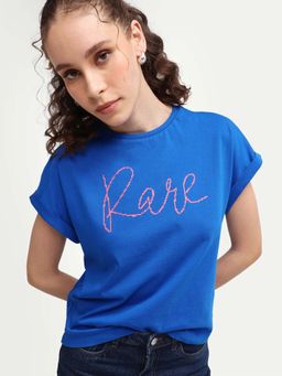 RAREISM - Women's Zivic Dark Blue Cotton Crew Neck Pull-On Relaxed Typography T-Shirt