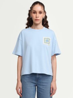 RAREISM - Women's Zoppy Light Blue Cotton Blend Crew Neck Pull-On Boxy Plain T-Shirt