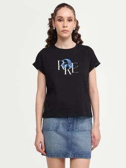 RAREISM - Women's Zue Black Cotton Crew Neck Pull-On Relaxed Typography T-Shirt