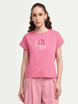 RAREISM - Women's Zue Pink Cotton Crew Neck Pull-On Relaxed Typography T-Shirt