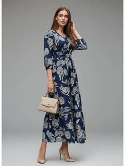 Twenty Dresses by Nykaa Fashion - Navy Blue Smocked Floral Print Midi Dress