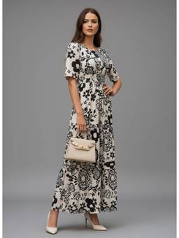 Twenty Dresses by Nykaa Fashion - White and Black Smocked Floral Print Maxi Dress