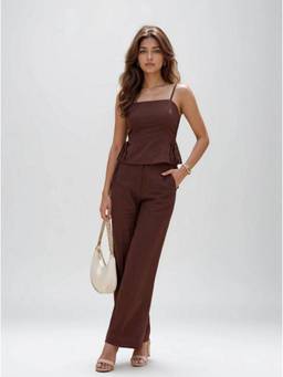 Twenty Dresses by Nykaa Fashion - Dark Chocolate Brown Cotton Peplum & Wide Leg Co-Ord Set
