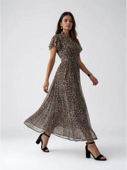 Twenty Dresses by Nykaa Fashion - Cinched Waist Tan Leopard Print Polyester Maxi Dress