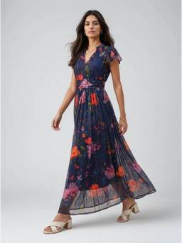 Twenty Dresses by Nykaa Fashion - Ruched Waistband Navy Blue Floral Polyester Maxi Dress