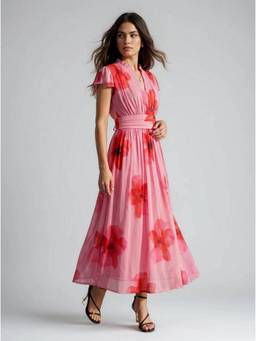 Twenty Dresses by Nykaa Fashion - Sheer Flutter Sleeves Pink Floral Polyester Maxi Dress