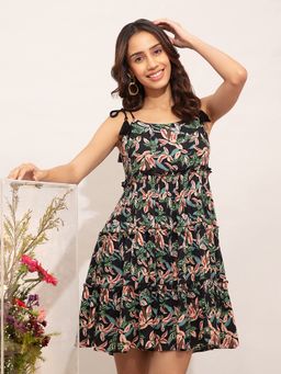 Twenty Dresses by Nykaa Fashion - Black Multicolor Tiered Braided Tie Up Short Dress