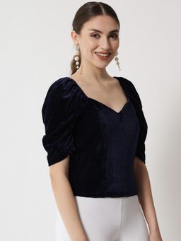 Trend Arrest - Blue Puff Sleeve Velvet Top