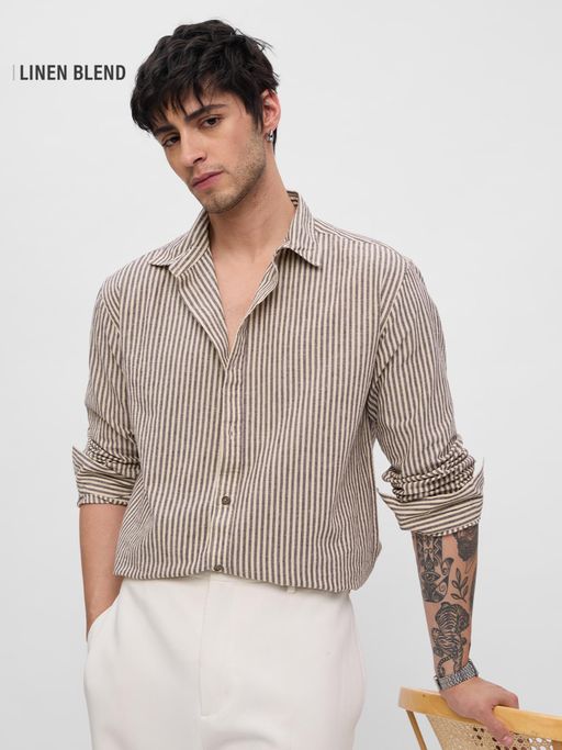 The Souled Store Beige Stripes Regular Fit Shirt