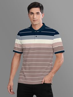 BULLMER - Navy Blue Stripes Regular Fit Polo T-Shirt