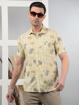 CRIMSOUNE CLUB - Beige Printed Slim Fit Shirt