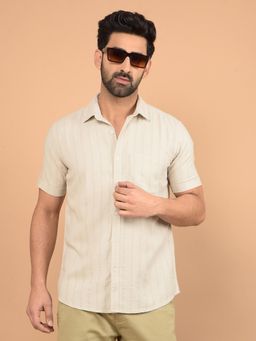 CRIMSOUNE CLUB - Beige Stripes Slim Fit Shirt