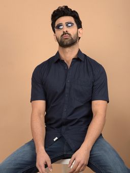 CRIMSOUNE CLUB - Navy Blue Stripes Slim Fit Shirt