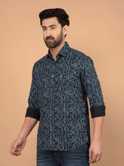 CRIMSOUNE CLUB - Navy Blue Printed Slim Fit Shirt
