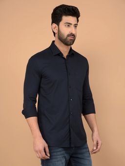 CRIMSOUNE CLUB - Navy Blue Self Design Slim Fit Shirt