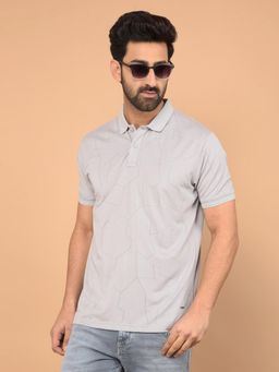 CRIMSOUNE CLUB - Grey Self Design Slim Fit Polo T-Shirt